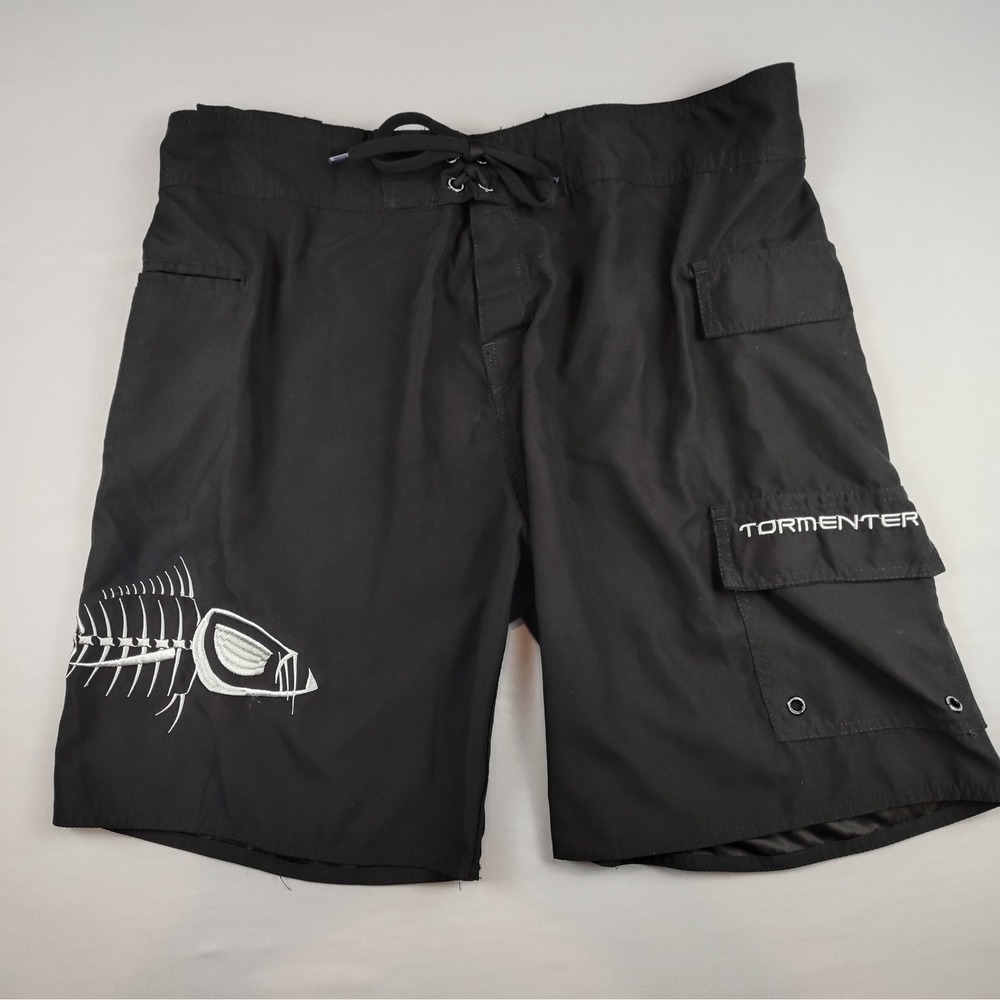 Tormenter Mens Size 38 Board Shorts Swim Trunks Black Fish Skeleton Graphic